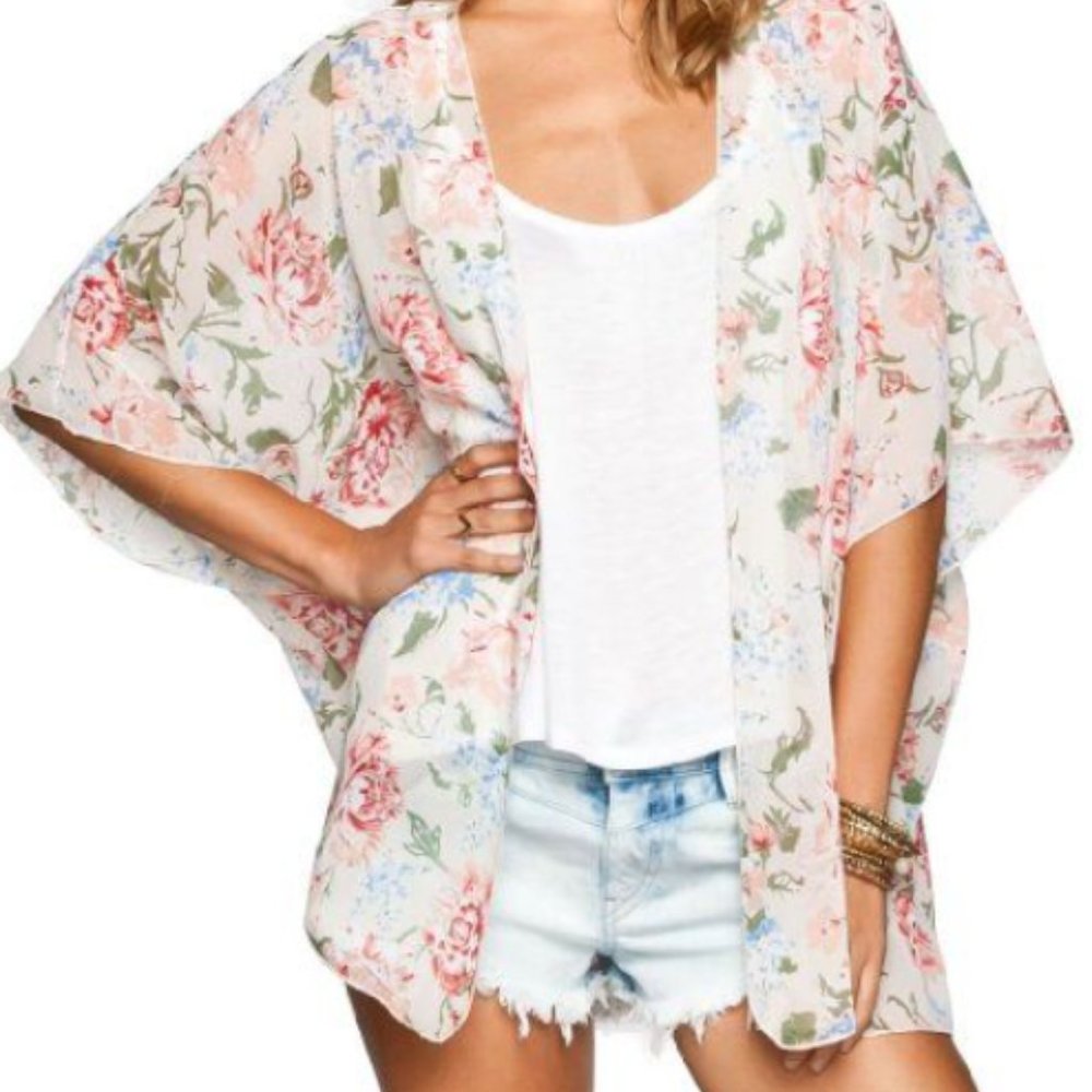 PacSun Floral Sheer Kimono in White, Pink, Green, Blue